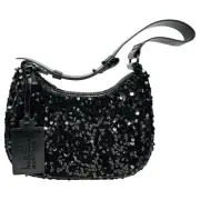 Nicole Miller Black Sequin Shiny Strap Shoulder Bag Purse Logo Formal Dressy NWT