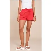 Tomato Cotton Linen Look Drawstring Floaty Shorts, Tomato Red