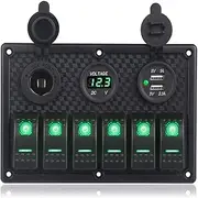 6 Gang Switch Panel with 4.2A Dual USB Ports Digital Voltage Display Cigarette Lighter Socket Waterproof for Car Boats Truck ATV(Green)