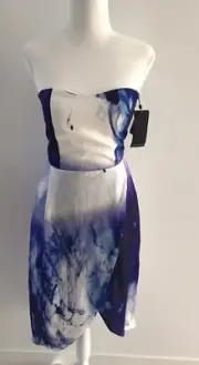 PORTMANS Blue Watercolour Print Dress Wear Strapless/With Straps Sz 6 BNWT