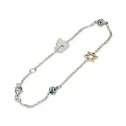 14k White Gold Bracelet with Chai, Evil Eye and Star of David Protective Charms