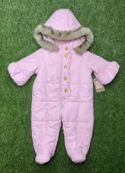 NWT Juicy Couture Pink Infant Snow Suit Fur Trim Hood Size 3-6 Months Zip Up