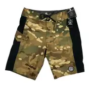 Volcom Mens Stone Alliance Camo Mod Tech Stretch Board Shorts Green Brown 29
