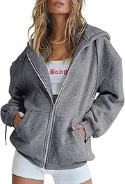 [Generic] Womens Zip Up Hoodies Long Sleeve Sweatshirts Fall Outfits Oversized Sweaters Casual Fashion Jackets, Dark Grey, 5X-Large