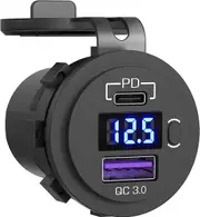 USB C Car Charger Socket, Qidoe 12V/24V Dual USB Outlet PD3.0 & QC3.0 Car USB Port with LED Voltmeter and ON/Off Switch DIY Car Socket for Car Boat Marine Bus Truck Golf RV Motorcycle