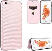 Compatible for Case iPhone 6S Plus, Flip Carbon Fiber [Drop Tested] Shockproof Stand Anti Fingerprints Cover with Card Slot+Tempered Glass Screen Protector*2-Rose Gold