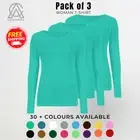 Ladies Long Sleeves T Shirt Plain Jersey Round Neck Stretchy Tee Top Pack of 3