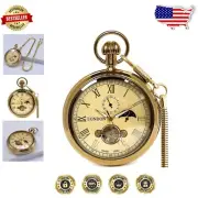 Men's Vintage Full Copper Mechanical Pocket Watch with 24-Hour Moon Phase