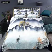 v996 Bed Sheets Chinese Style Landscape Bedding Set Plum Blossom Duvet Cover Sets With Pillowcase Duvet Cover Single Full King Comforter Sets 3-Piece