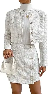 [Floerns] Women's 2 Piece Outfits Plaid Tweed Blazer Long Sleeve Jacket and Skirt Set