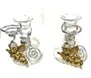 Collectible Glass Candlestick Holders w/Hanging Cherubs