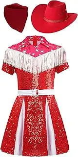 [Loodgao] Kids Western Party Cowboy Cowgirl Outfit Girls Sequins Dance Dress Festival Performance Set