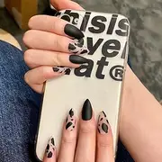 24Pcs Medium Tip Nails Short Press Fake Nails Full Cover Fake Nails Matte Black Frosting False Nails with Leopard Designs Nail for Women and Girls