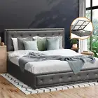 Oikiture Bed Frame Gas Lift Base With Storage Grey Fabric Double Size