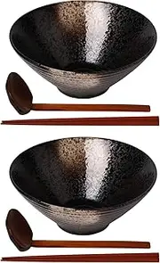 Kanwone Ceramic Japanese Ramen Bowl Set, Noodle Soup Bowls - 37 Ounce, with Matching Spoons and Chopsticks for Udon Soba Pho Asian Noodles, Set of 2, Black