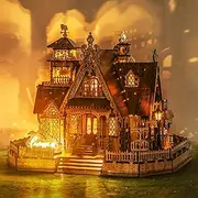 FUNPOLA LED 3D Wood Puzzle Countryside Cottage Model - DIY Miniature Building Kit with Spark LED Lights - 3D Craft Rural Architecture Home Décor Adults