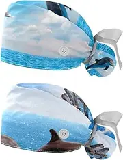 [WOSHJIUK] Working Hat 2 Pack Scrub Caps for Women,Jumping Dolphin Ocean,Tie Back Cap Adjustable Scrub Hat
