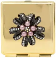Folding Compact Pocket Mirror With Rhinestone Crystals (Golden Flower (Square))