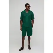 Mens Green Oversized Dropped Revere Open Weave Shirt & Short Set