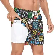 [GuoChe] Beach Shorts for Men Men's 2In1 Workout Shorts Happy Father Day Blue Black with Compression Liner Yoga Shorts Quick