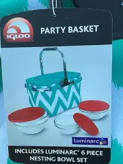 NEW Igloo Party Basket Includes 6 Piece NESTING BOWL Glassware Set green white