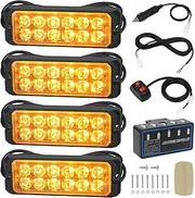 LINKITOM 12-24V 12-LED Super Bright Sync Feature Emergency Hazard Warning Strobe Lights with Main Control Box Surface Mount - 4PCS (Amber)