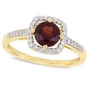 6.0mm Garnet and 0.13 CT. T.W. Natural Diamond Cushion Frame Ring in Solid 10K Yellow Gold