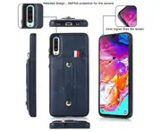Hidden Card Slot Case for Samsung Galaxy A50, with Leather Loop Strap - Dark Blue
