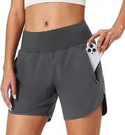[S Spowind] Womens Running Shorts Zipper Pockets High Waisted Quick Dry Athletic Workout Shorts with Liner