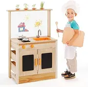 HONEY JOY Mud Kitchen for Kids, Fir Wood Kitchen Playset with Planting Pots, Cookware, Stoves, Faucet, Sink & Blackboards, Outdoor Pretend Play Kitchen with Storage, for Boys & Girls 3+ Years Old