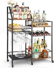 Bar Cart with Wine Storage Rack, Mini Bar Holder Stand with Wheels for Glasses, Whiskey Wine, Alcohol Cabinet for Kitchen, Dining Room
