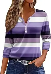 [Valtorixia] 3/4 Length Sleeve Women Henley V Neck Tops Casual Length Button Down Shirt Floral Print Blouses Plus Size Trendy Comfy Tees (color-b-25,Medium)