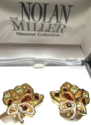 NOLAN MILLER Fall Crystal Leaves Clip Earrings NEW in Original Box!