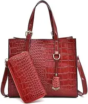 [Caalaay] Women Handbags and Wallet 2Pcs Set Glossy Crocodile Pattern Leather Purses Satchel Handbag Tote Bags Shoulder Clutch