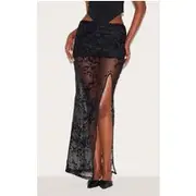 Black Devore Mesh Foldover Slit Maxi Skirt, Black
