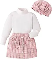[SHIBAOZI] Kids Girls Clothes Set 2pcs Lace Floral White Long Sleeve Blouse Tops Pockets Plaid Tweed Skirt Spring Fall Outfits