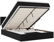 Double Ottoman Bed Frame with Mattress & Lights - Black Velvet Upholstery, Underbed Storage, Modern Bedroom Furniture for Small Spaces