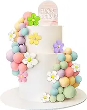 46 PCS Boho Groovy Cake Topper - Mini Balls Acrylic Retro Hippie Daisy Flower Cake Topper for Wedding Party Supplies (Colorful)