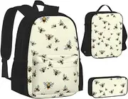 [ERCgad] Bee Print Canvas 3-In-1 School Bags Set Backpack Lunch Bag Pencil Case Combo For Men Women, Black, One Size