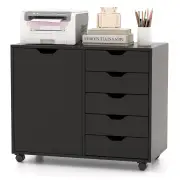 CostwayMobile Storage Unit with 5 Drawers and Cupboard-White-Black