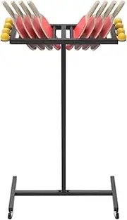 Ping Pong Paddles Holder Floor Stand, Metal Table Tennis Storage Rack for Game Room/Man Cave/Apartment - Holds 10 Paddles & 8 Balls, Black Display Holder Shelf Sport E