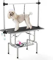 Lyromix Adjustable Pet Large Foldable Dog Grooming Table with Arms, Noose, Mesh Tray, Maximum Capacity Up to 330Lb, 46in, Black