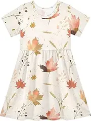[WOIWB] Girls' Short-Sleeve Dress, Maple Leaf Vintage Print Summer Dresses, Casual Sundress for Kids 2T, Multicolor, 4 Years