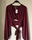 WINDSOR Women Burgundy Plunge Tie-Back Peasant Sleeves Crop Top