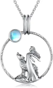 Moonstone Wolf and Girl Necklace for Girls,925 Sterling Silver Created Cubic Zir