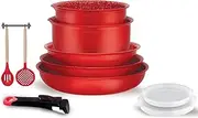 [Arthur Martin] AMR41 10-Piece Aluminium Cookware Set with Handle Coating, 20-22-26 cm Frying Pans, 16-18 cm Saucepans, Airtight Lid, 2 Utensils, Red