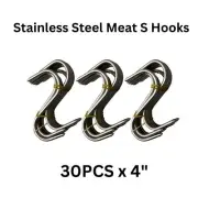 New SET 30 x 4 in Butchers Meat Hanging Hooks Solid Stainless Steel Meat S-Hooks