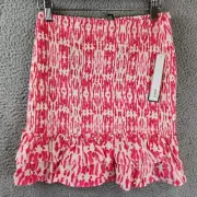 AQUA Mini Skirt Women's Medium Pink/White Abstract Smocked Pull On Ruffle Trim