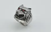 Stainless Steel Silver Wolf Ring with red eyes 316L Free USA Shipping
