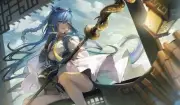 Anime girls blue hair eyes pointy ears braids arknights Playmat Game Mat Desk